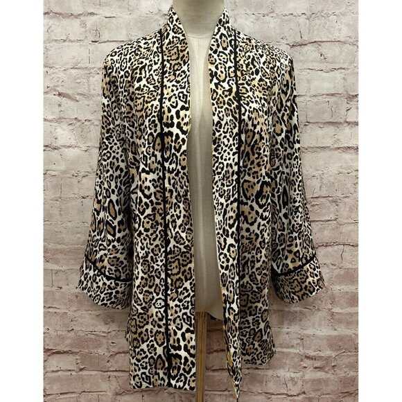 Chico’s M Reversible Kimono Jacket Open Front Black White Gold Filigree Cheetah - Picture 2 of 5